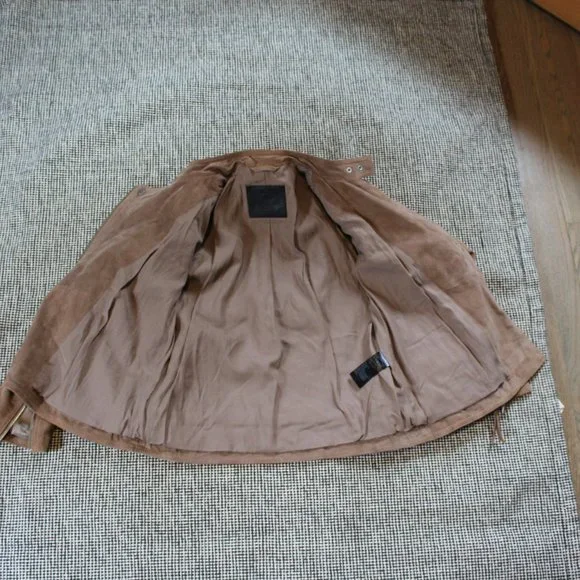 All Saints soft goat leather suede light drown stand collar jacket US-6/S UK-10